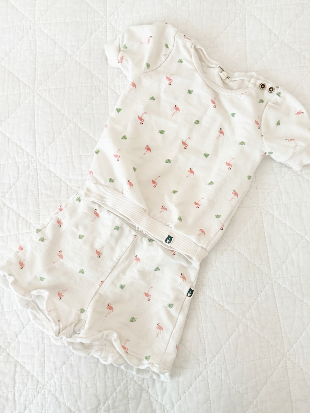 Rabbit + Bear 4T Kids Organic White Flamingo Print Matching Short Set